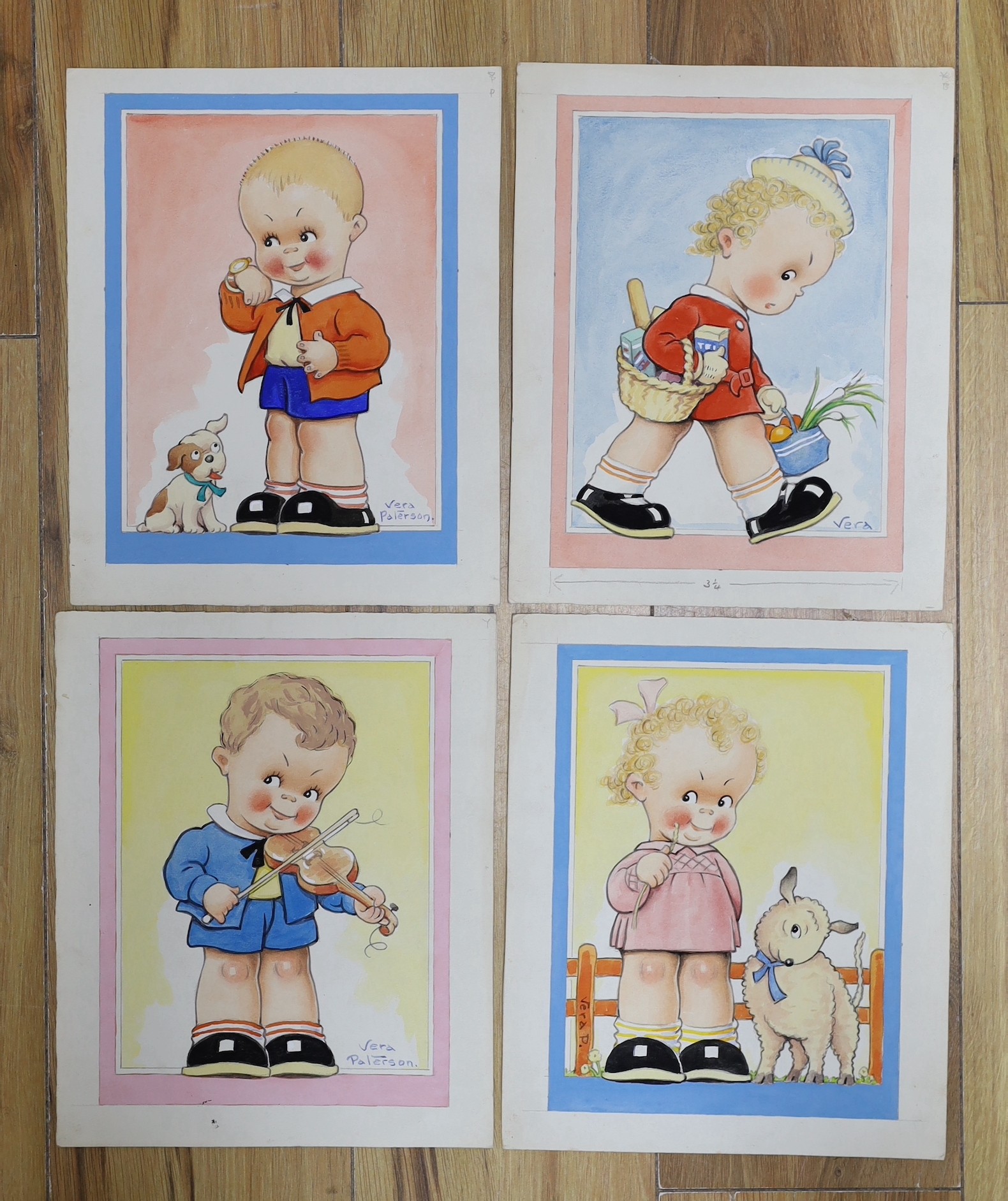 Reg Maurice (aka Vera Paterson), four watercolours, original postcard artwork for children's characters, 28 x 23cm, unframed